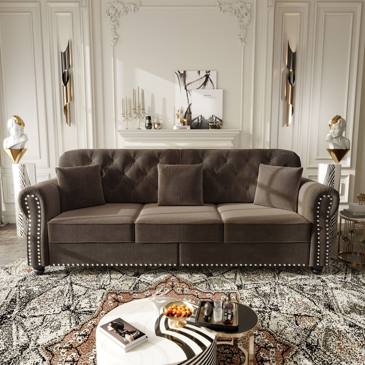 Upholstered 3 Seater Sofa Set With Ottoman