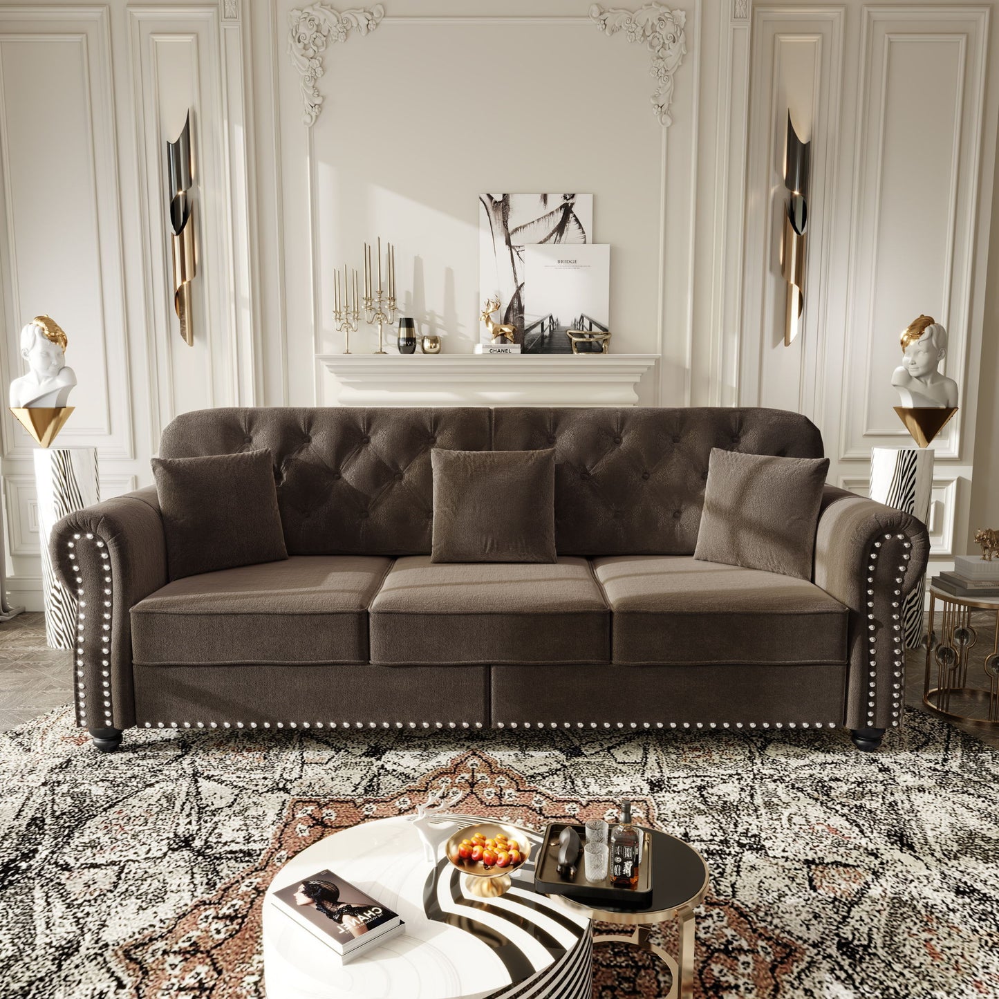 Upholstered Sofa Set With Nailhead Trim And Rolled Armrests, Includes Pillows