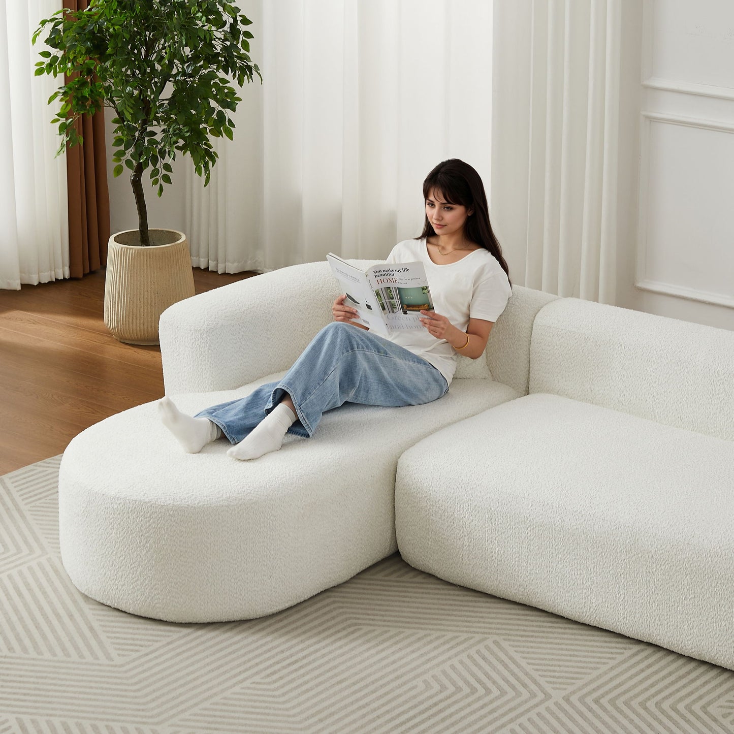 L - Shape Boneless Cloud Couch With 2 Throw Pillows For Living Room
