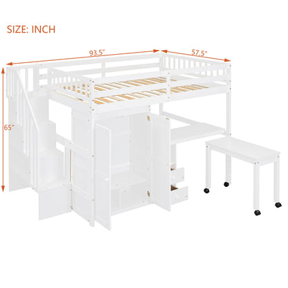 Loft Bed With Stairs, Bookshelf, Drawers, Desk & Wardrobe, Space Saving Multifunctional Furniture