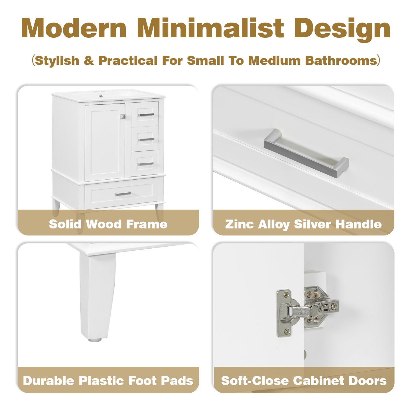 Bathroom Vanity, Modern Bathroom Cabinet With Sink Combo Set, Bathroom Storage Cabinet With A Soft Closing Door And 3 Drawers, Solid Wood Frame