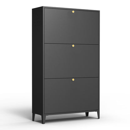 3 Drawer All Steel Shoe Cabinet, Freestanding Storage Organizer With Flip Door
