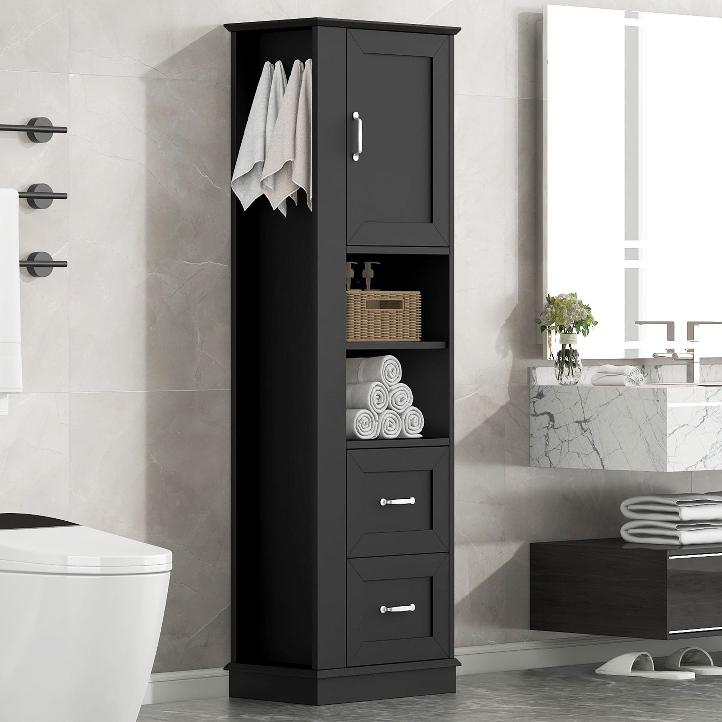 Freestanding Bathroom Storage Cabinet With Adjustable Shelves And Side Hooks Board, Rectangle Design