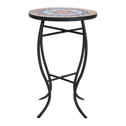 Outdoor Round Side Table With Mosaic Style Top And Curved Iron Legs