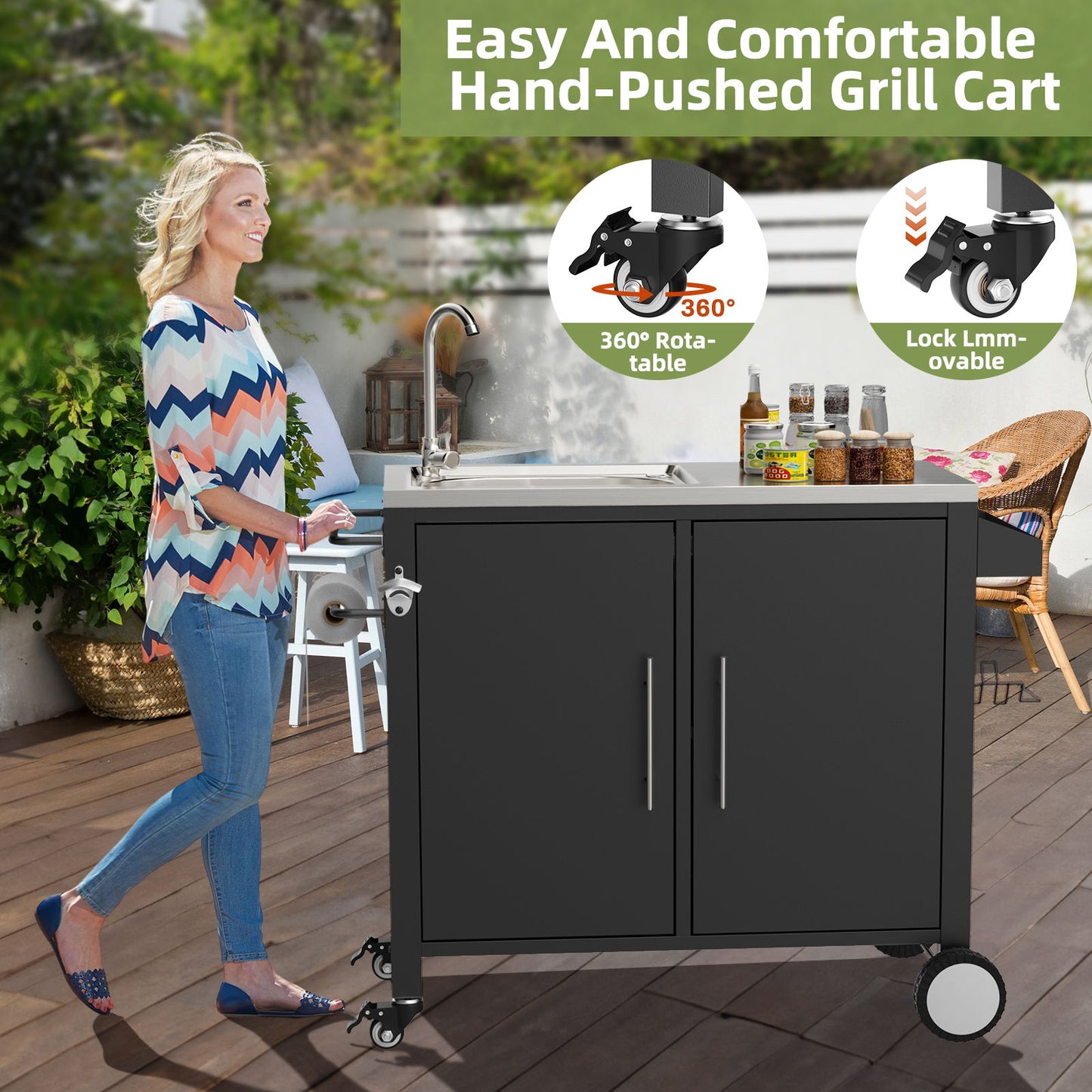 Outdoor Grill Cart With 304 Stainless Steel Sink And Cabinet - Black / Silver