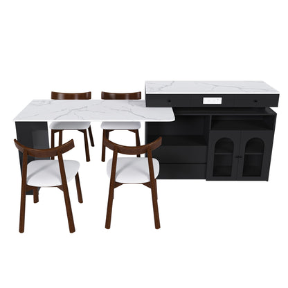 Retro Kitchen Island Set With Chairs, Extendable & Rotating Table, 4 Drawers & Door Cabinets