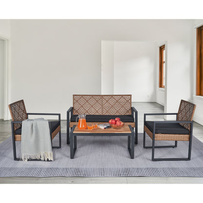 4 Piece Patio Furniture Set With Acacia Wood Table Top And Cushions