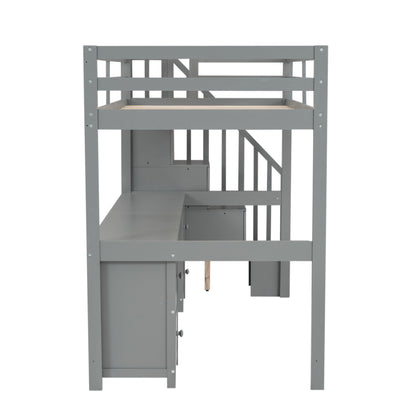 Loft Bed Frame With Built In Desk And Double Storage Drawers