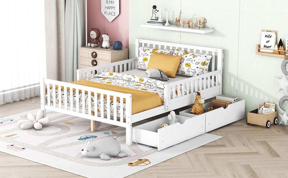 Platform Bed With Guardrails On Both Sides And 2 Storage Drawers