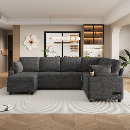U-Shaped Sectional Sleeper Sofa With Ample Storage Space, 2 Cup Holders And Charging Ports For Living Room