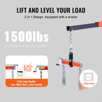 Hydraulic Engine Hoist With Lever, 2 Ton Capacity, Foldable Design For Auto Repair - Orange