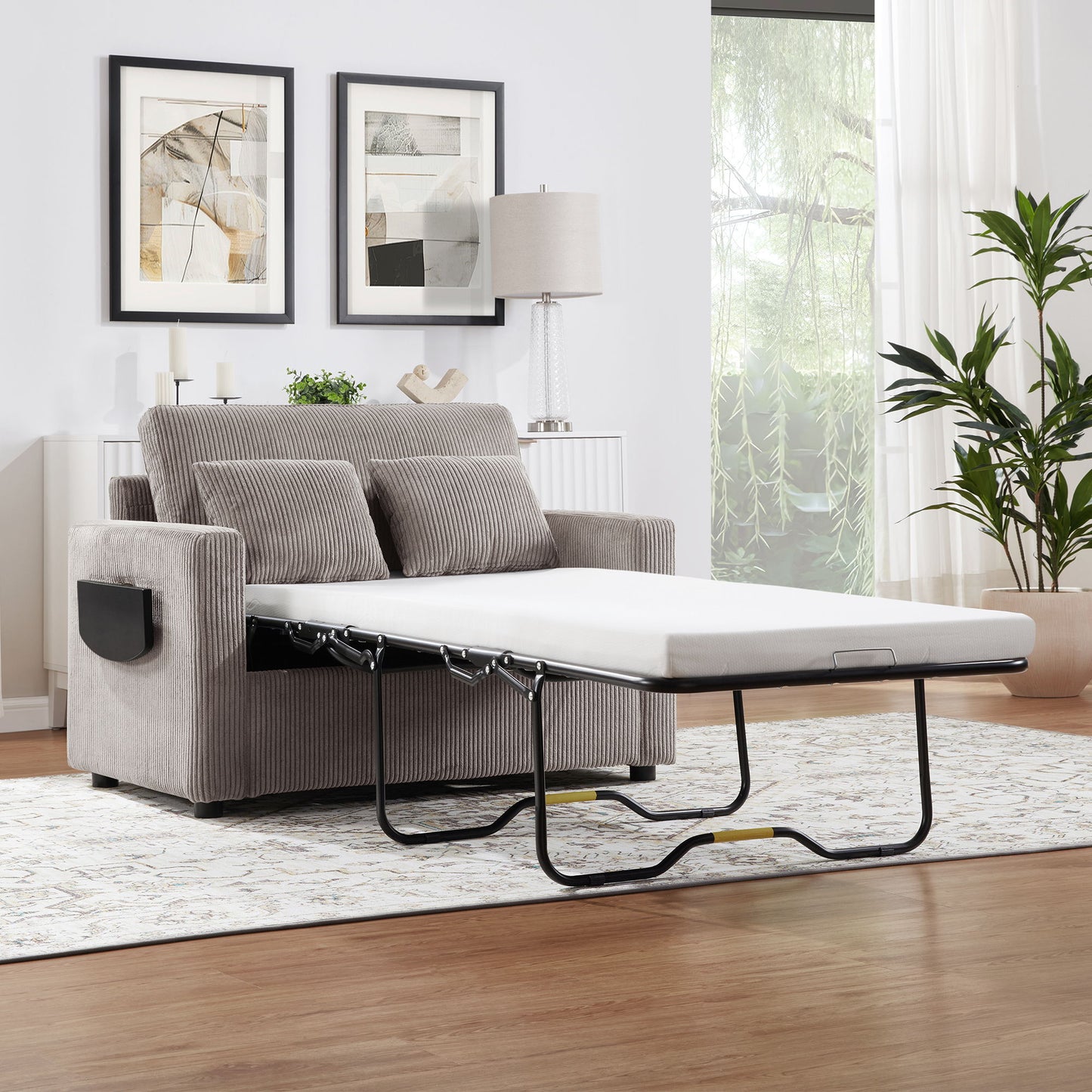 Sleeper Sofa With Foldable Mattress, USB Ports, Side Table & Storage Pocket