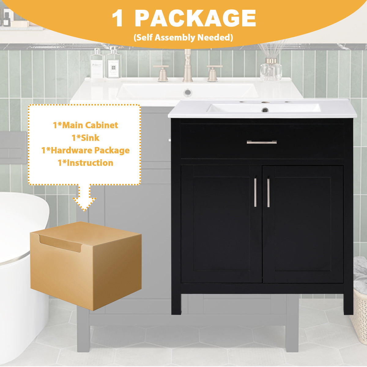 Bathroom Vanity With Sink And Ample Storage, Rectangular Undermount Sink - Black