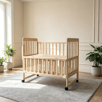 Portable Mini Baby Crib 5 In 1 Convertible With Foldable Storage - Natural Wood
