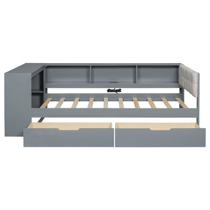 Upholstered Headboard Platform Bed With Storage Shelves, Drawers, Charging Station