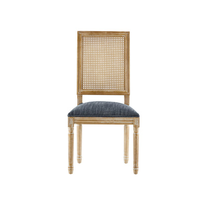 French Country Dining Chair With Rectangular Cane Backrest And Smooth Upholstered Seating