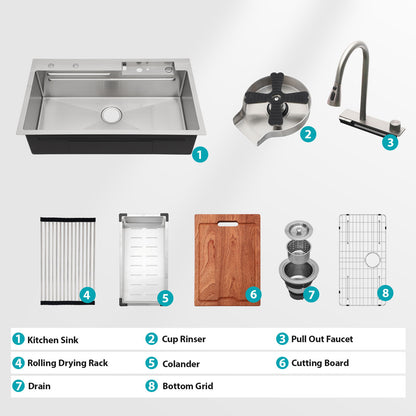 33" Stainless Steel Single Bowl Kitchen Sink With Waterfall Flow