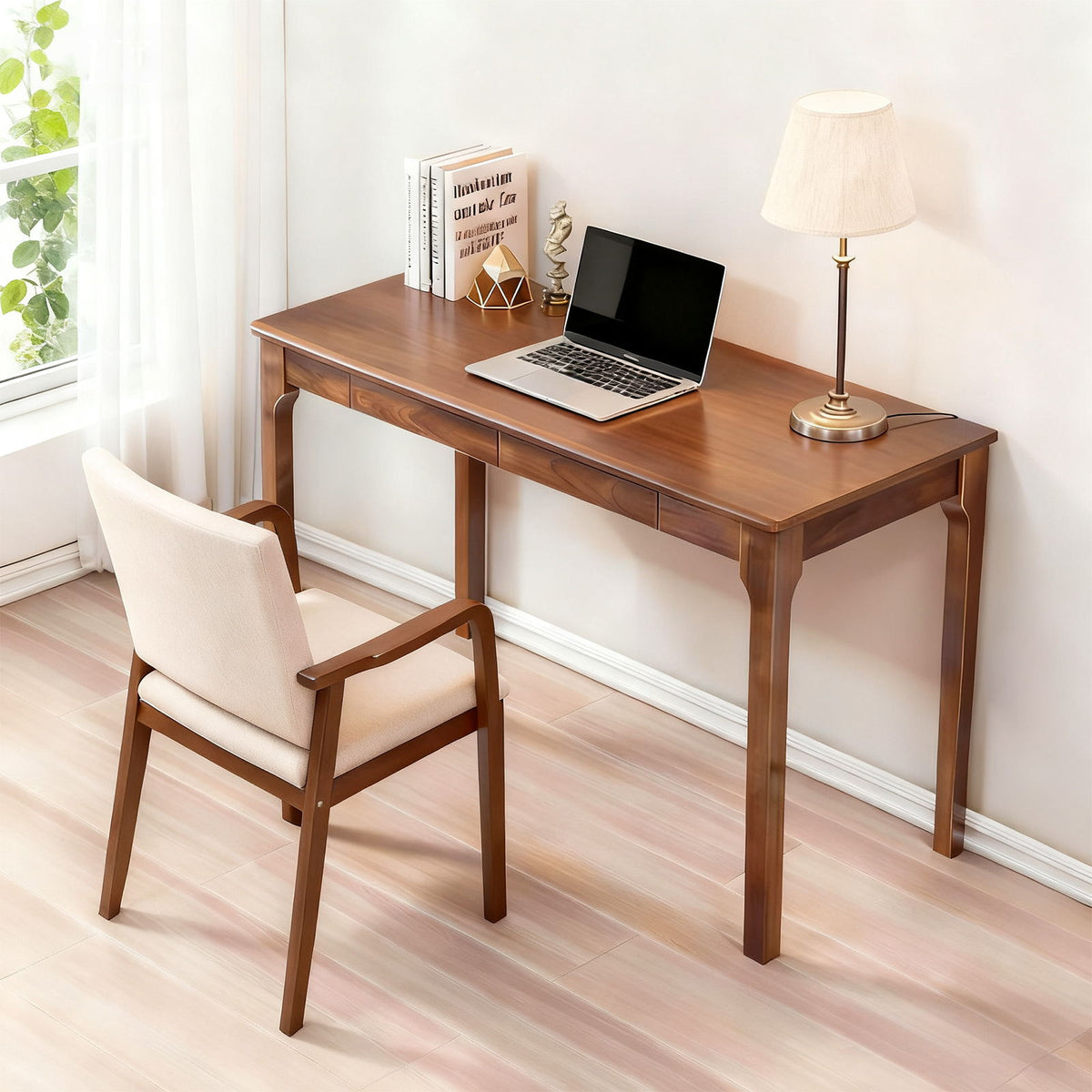 Desk With Drawers, Smooth Edge Design - Walnut