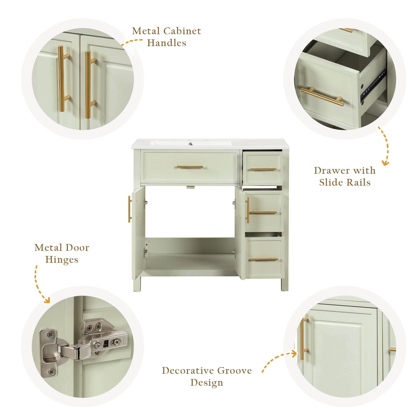 36" Bathroom Vanity With Sink, 2 Doors, 3 Drawers, Rectangular - White