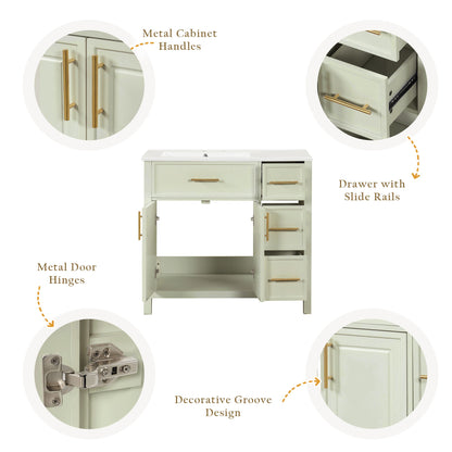 36" Bathroom Vanity With Sink, 2 Doors, 3 Drawers, Rectangular - White