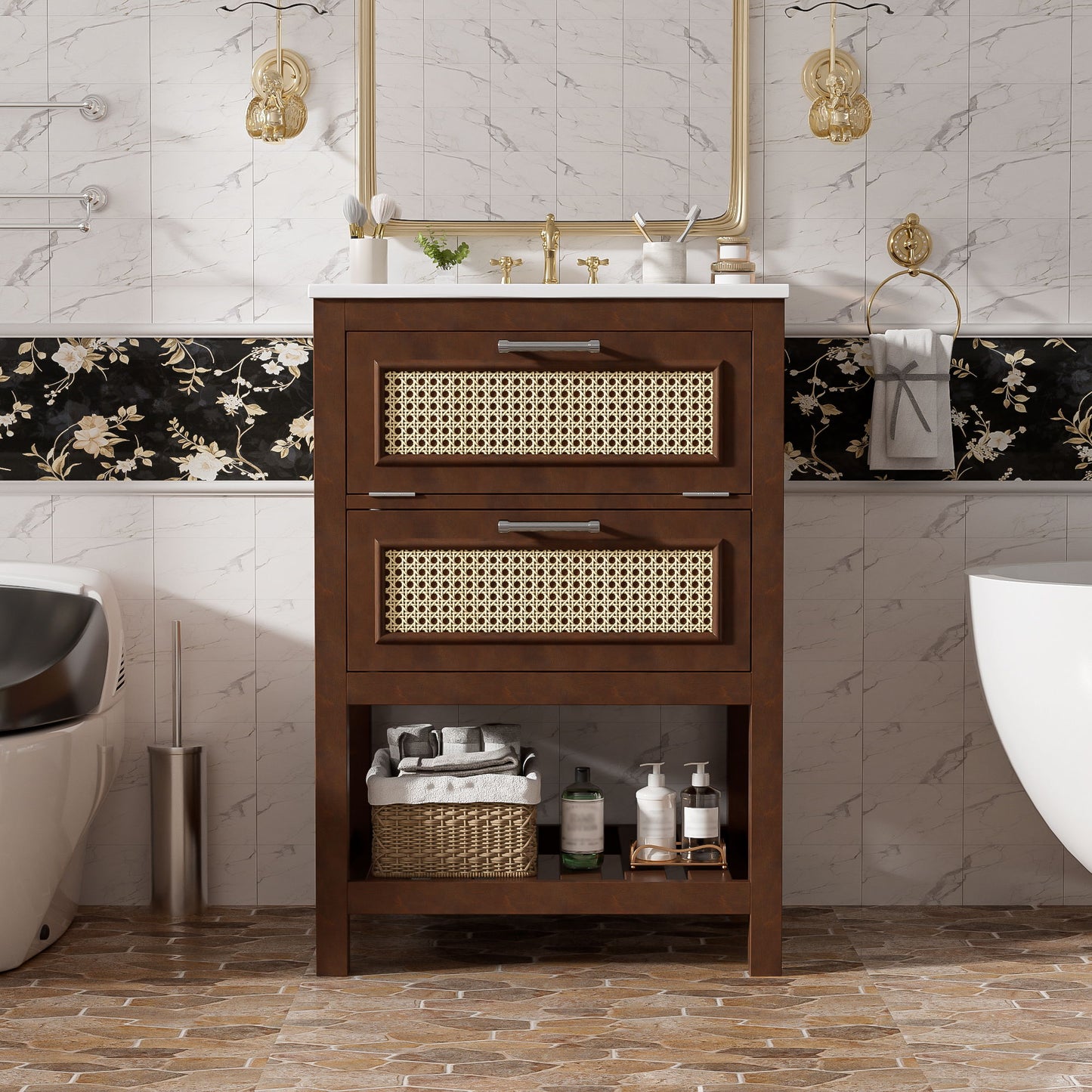 Modern Bathroom Vanity With Integrated Sink, Cabinet With 1 Deep Drawer And 1 Tip-Out Drawer