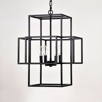4 Light Metal Lantern Tiered Pendant Hanging Light Fixtures, Industrial Farmhouse Adjustable Height Chandeliers For Dining Room Hallway Foyer Entryway (E12 Bulbs Not Included)