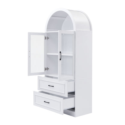 Arched Top Storage Cabinet With Fixed 2 Tier Shelves, 2 Large Drawers