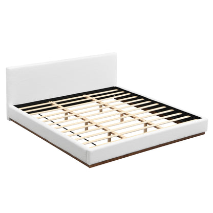 Elegant Boucle Upholstered Bed With Wood Grain Textured Solid Wood Base Frame