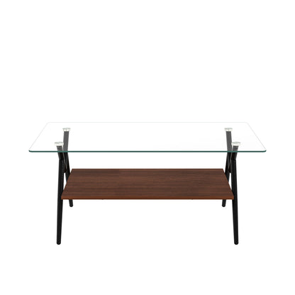 Rectangle Coffee Table With Tempered Glass Top And Shelf
