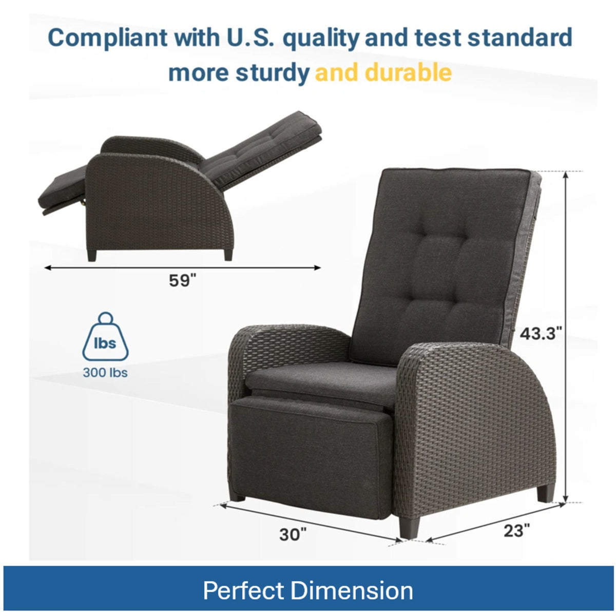 Adjustable Outdoor Lounge Chair, Plush Cushions & Extendable Footrest - Gray