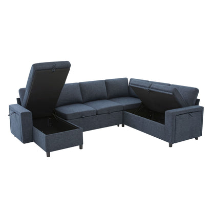 U - Shaped Convertible Sectional Sofa Bed With Storage, USB Charger & Cup Holders