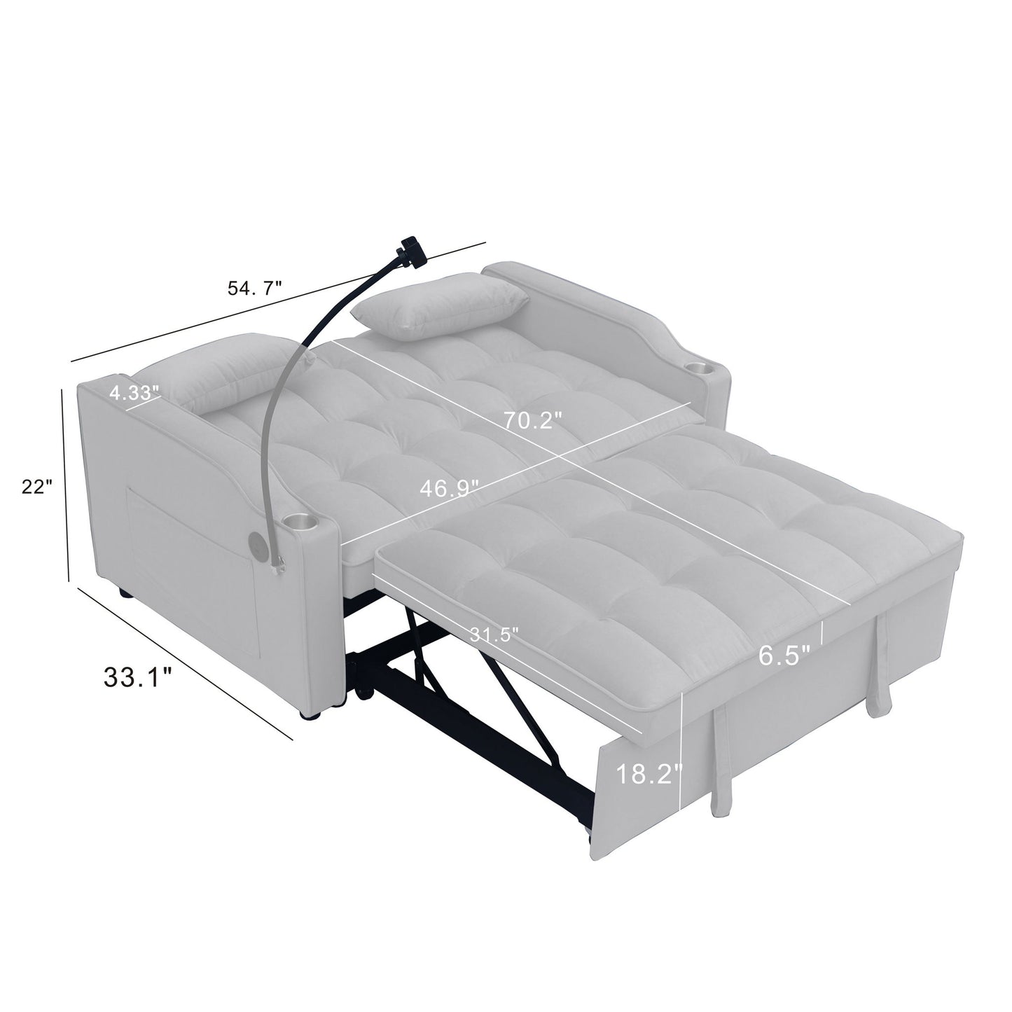 Modern Loveseat With Pullout Bed, Adjustable Reclining Backrest