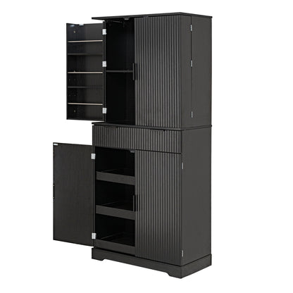 Fluted Kitchen Pantry Cabinet With 3 Keyboard Drawers & 6 Door Shelves Adjustable