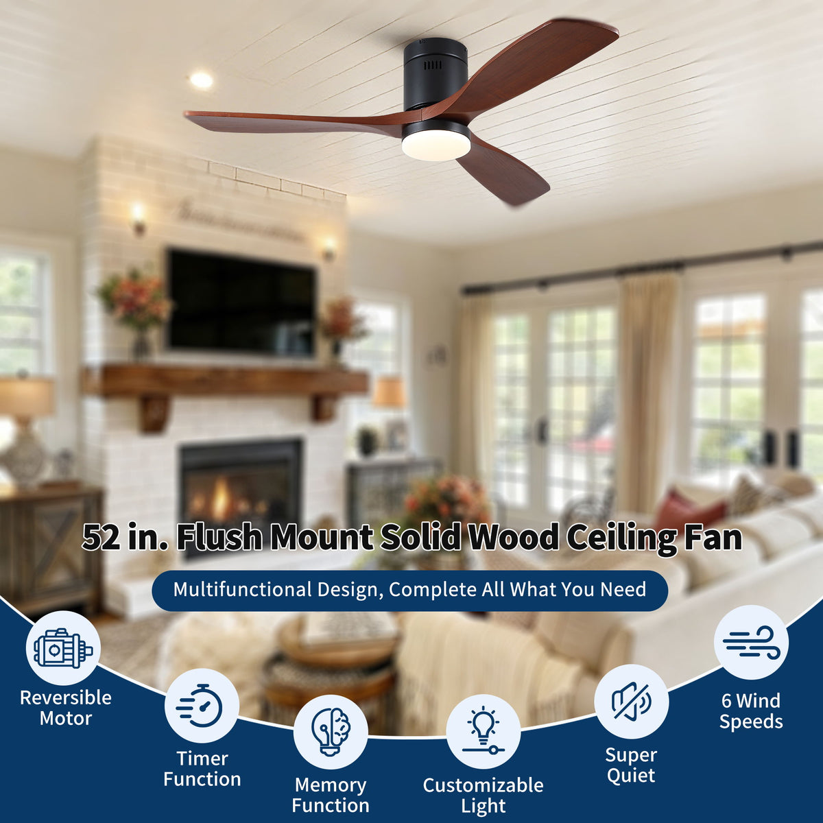 Low Profile Flush Mount Intergrated LED Ceiling Fan With Light And Silent Reversible Motor