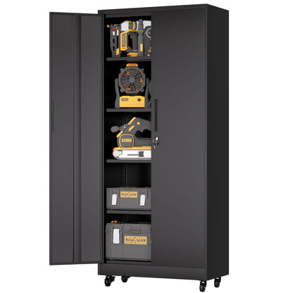 Storage Cabinet With Wheels And Lock, 4 Adjustable Shelves, 3 Point Locking Security, For Tool Organization In Garage - Black