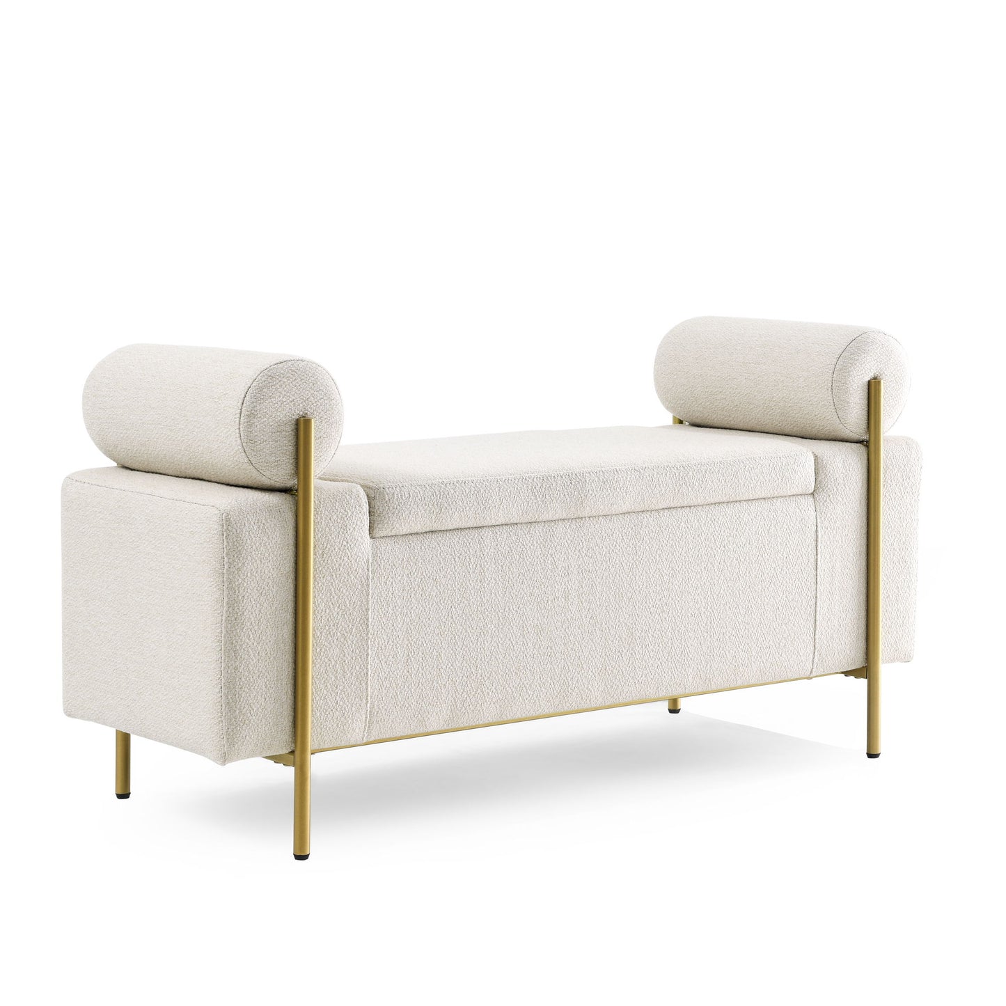 Elegant Upholstered Storage Bench With Cylindrical Arms And Iron Legs,