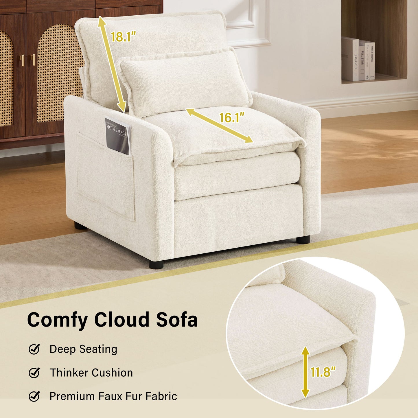 Modern Single Seat Accent Chair With Side Storage Pockets