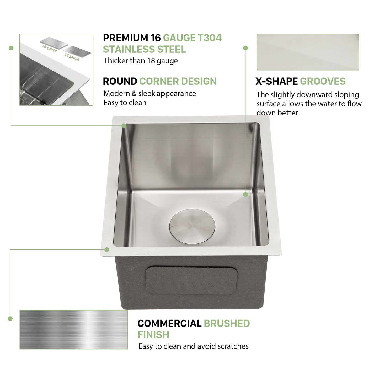 Modern Undermount Stainless Steel Kitchen Sink 16 Gauge, Deep Single Bowl