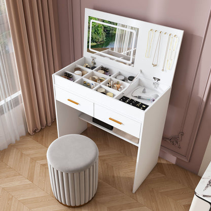 Flip Top Vanity Desk With LED Mirror & Outlet Makeup Table With 2 Drawers, Open Storage, And Jewelry Hooks - White