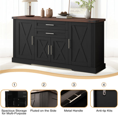 Barn Door Storage Cabinet With 2 Drawers & Door Rack, Adjustable Shelves