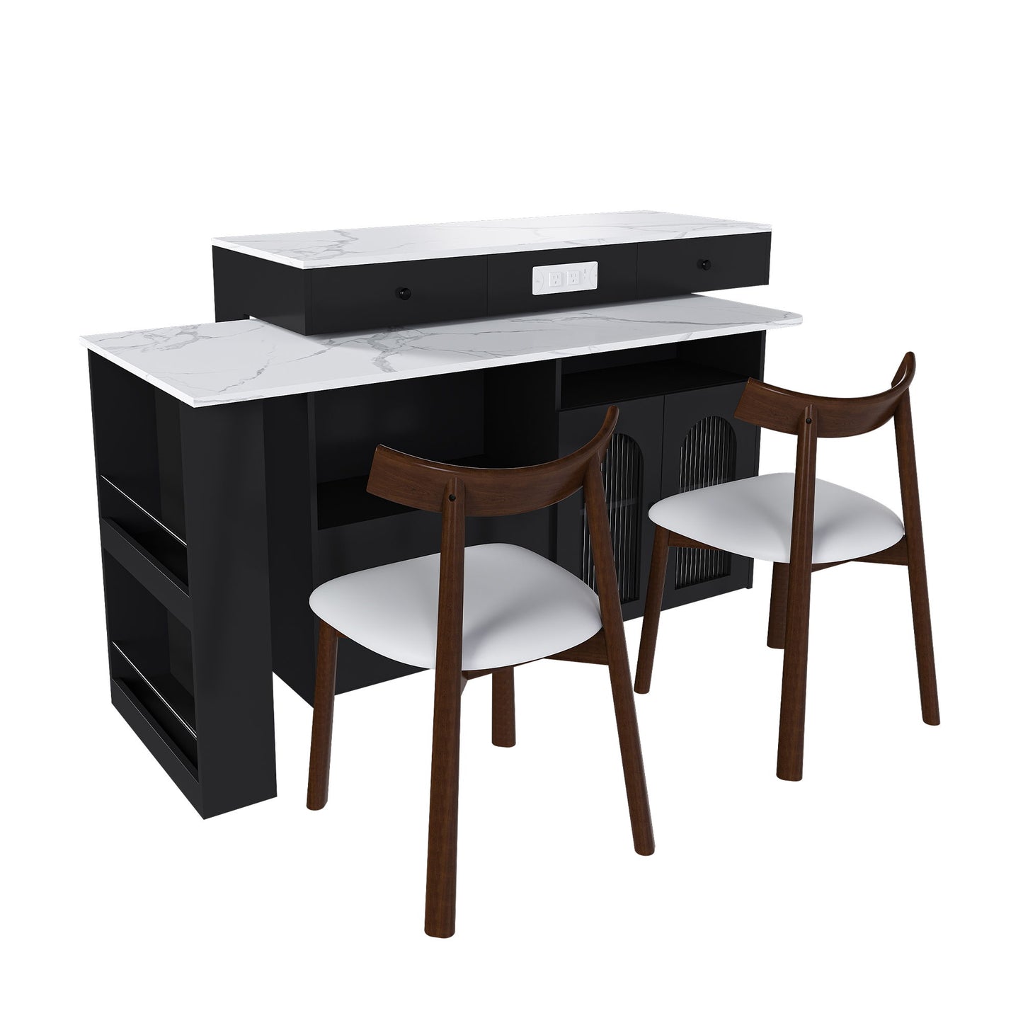 Retro Kitchen Island Set With Chairs, Extendable & Rotating Table, 4 Drawers & Door Cabinets