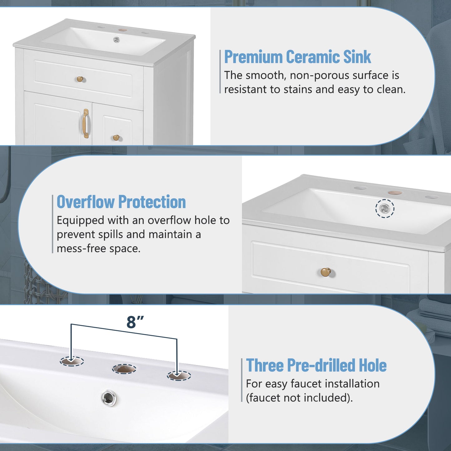 Elegant Bathroom Vanity With Ceramic Sink, Soft Close Doors And Drawers, Double Storage Racks