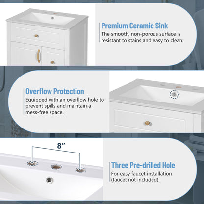 Elegant Bathroom Vanity With Ceramic Sink, Soft Close Doors And Drawers, Double Storage Racks