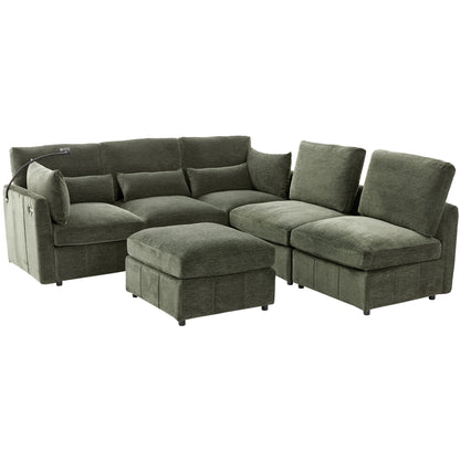 Modern Modular U-Shaped Sofa Bed With Movable Ottoman, USB Ports, Phone Holder