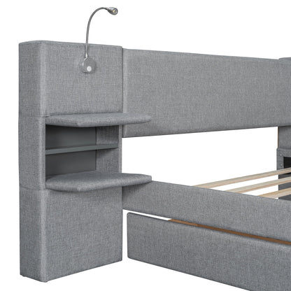 Upholstered Platform Bed With Reading Lights, Drawers, Trundle And Shelves