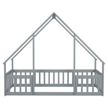 Wood House-Shaped Floor Bed With Fence, Guardrails