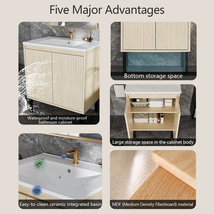 Bathroom Vanity With Ceramic Sink, Floor-Standing Design, Soft-Closing Drawers