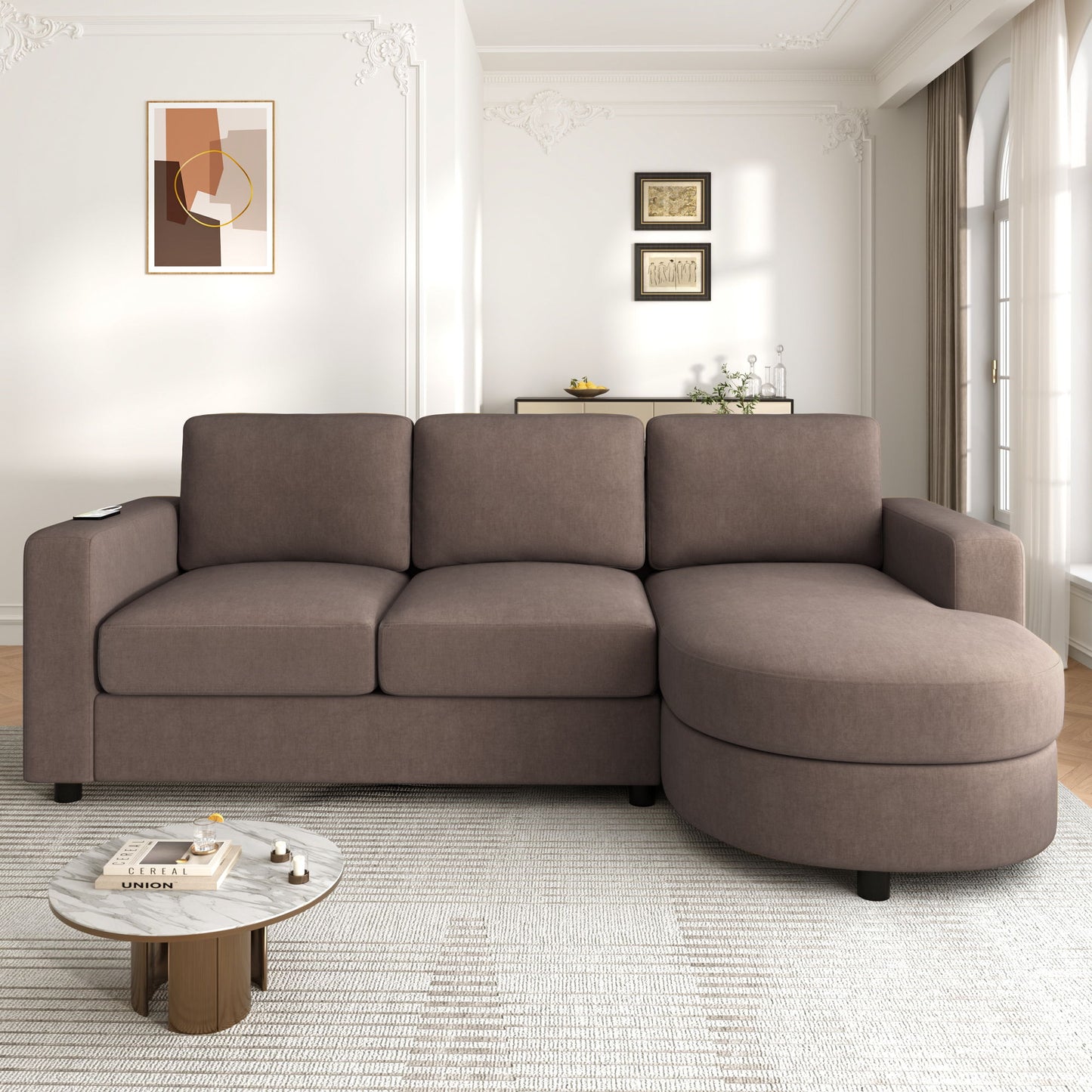 Modern L-Shaped Sectional Sofa With Curved Chaise, USB Ports, And Side Storage Pockets