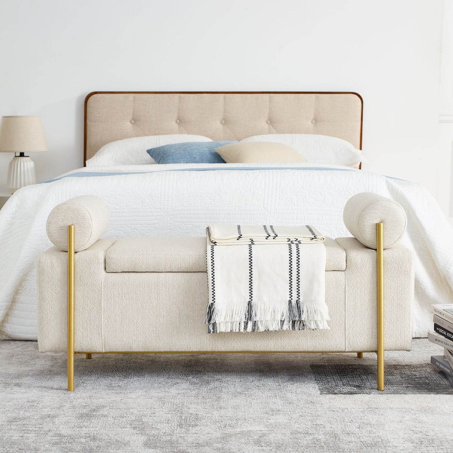 Elegant Upholstered Storage Bench With Cylindrical Arms And Iron Legs,