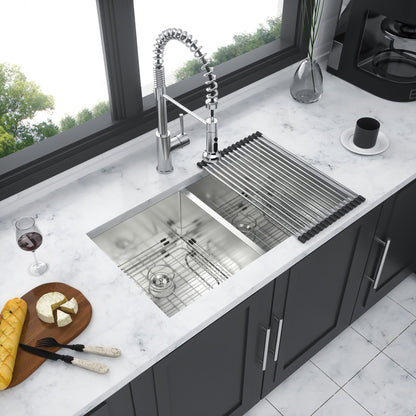 16 Gauge Undermount Double Bowl Kitchen Sink With 9" Deep Bowls - Brushed Nickel